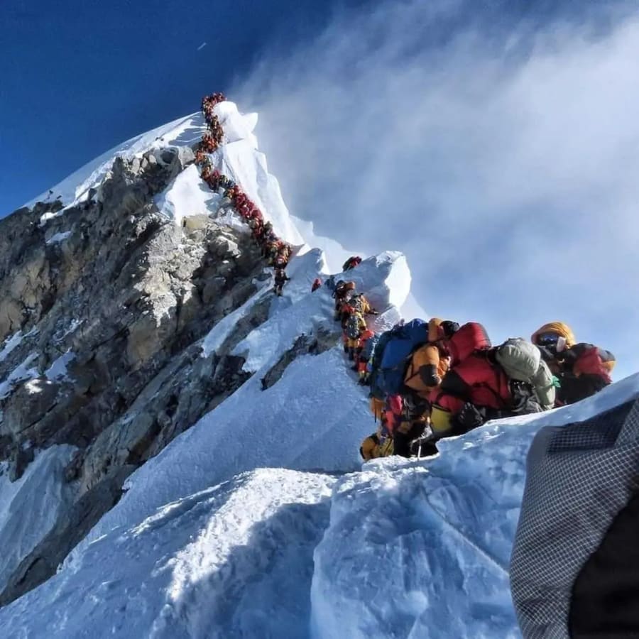 Crowd of climbers queuing on Everest summit ridge