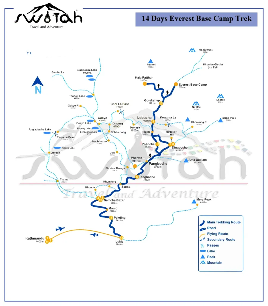 Swotah map of the 14-day Everest Base Camp trek from Lukla to Kala Patthar, with the main trail, side routes to Gokyo and the high passes, and numbered overnight stops