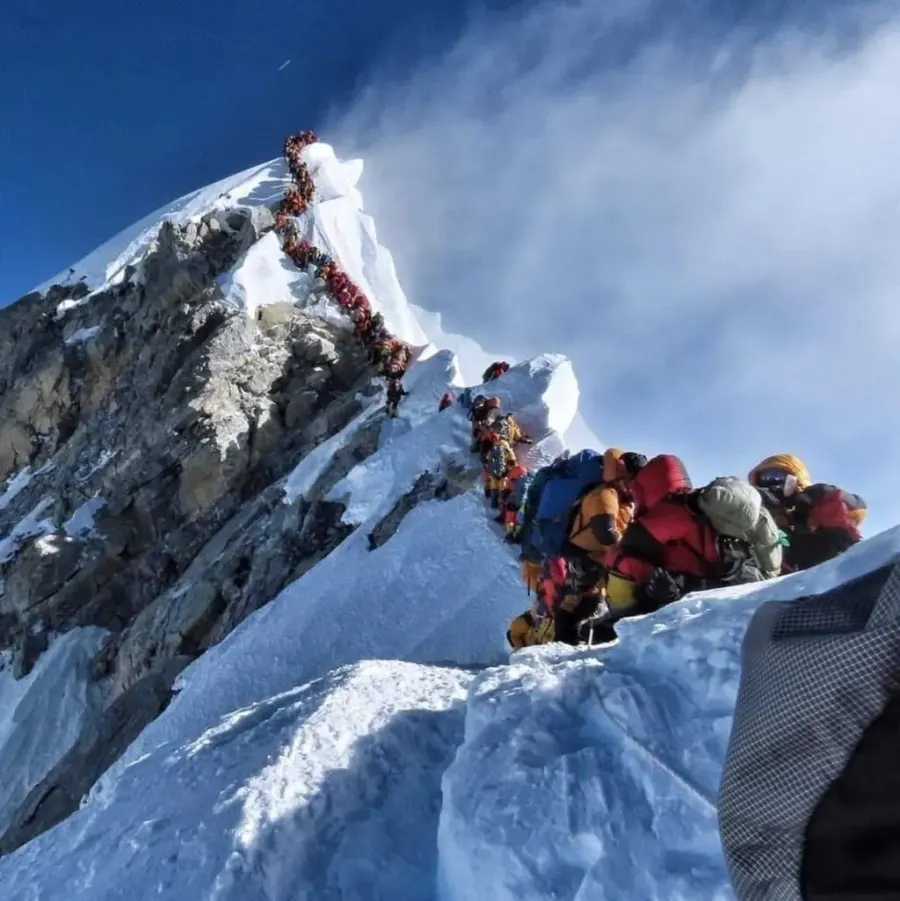 Crowd of climbers queuing on Everest summit ridge