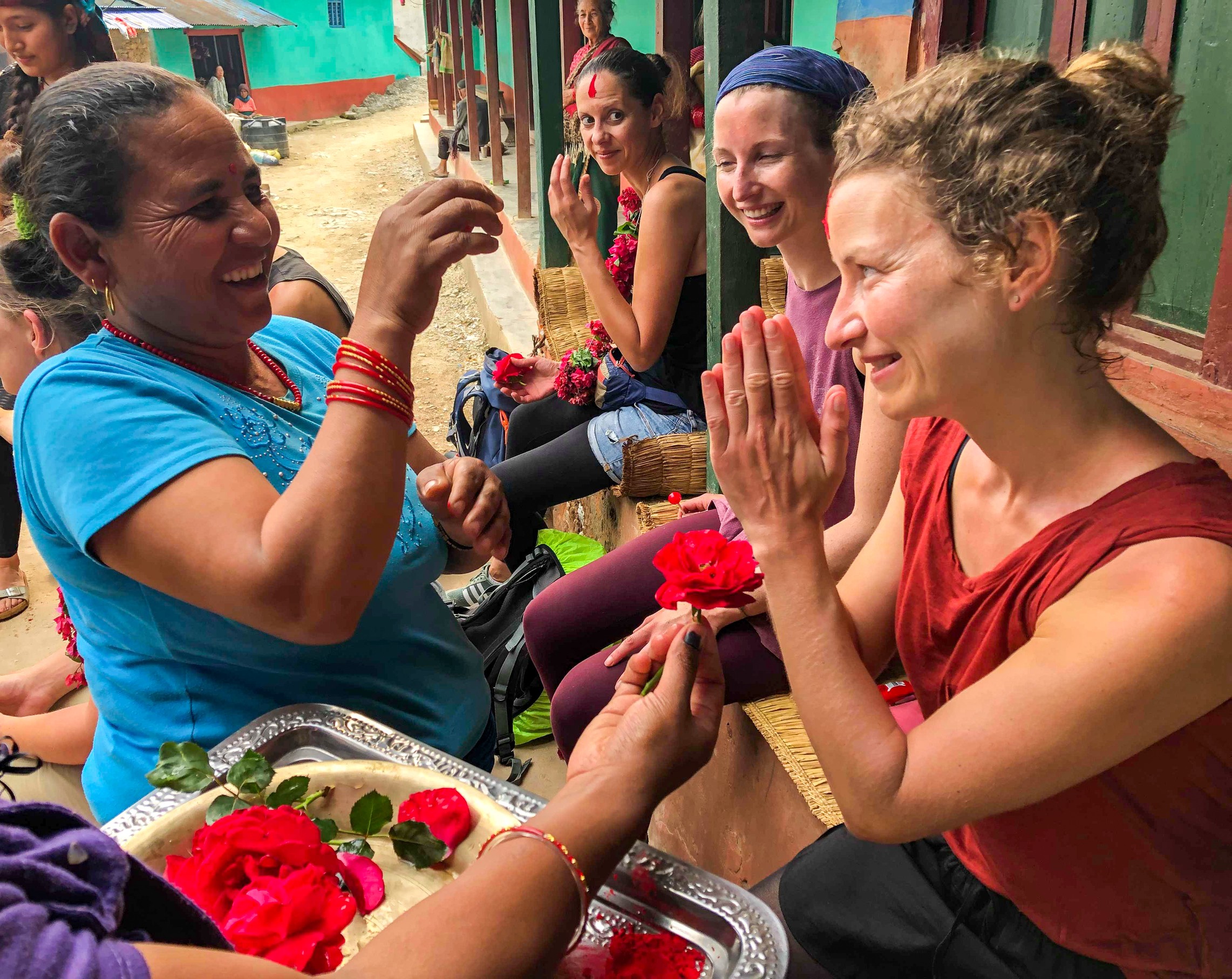 Newari women greet travellers in Bankewa Village