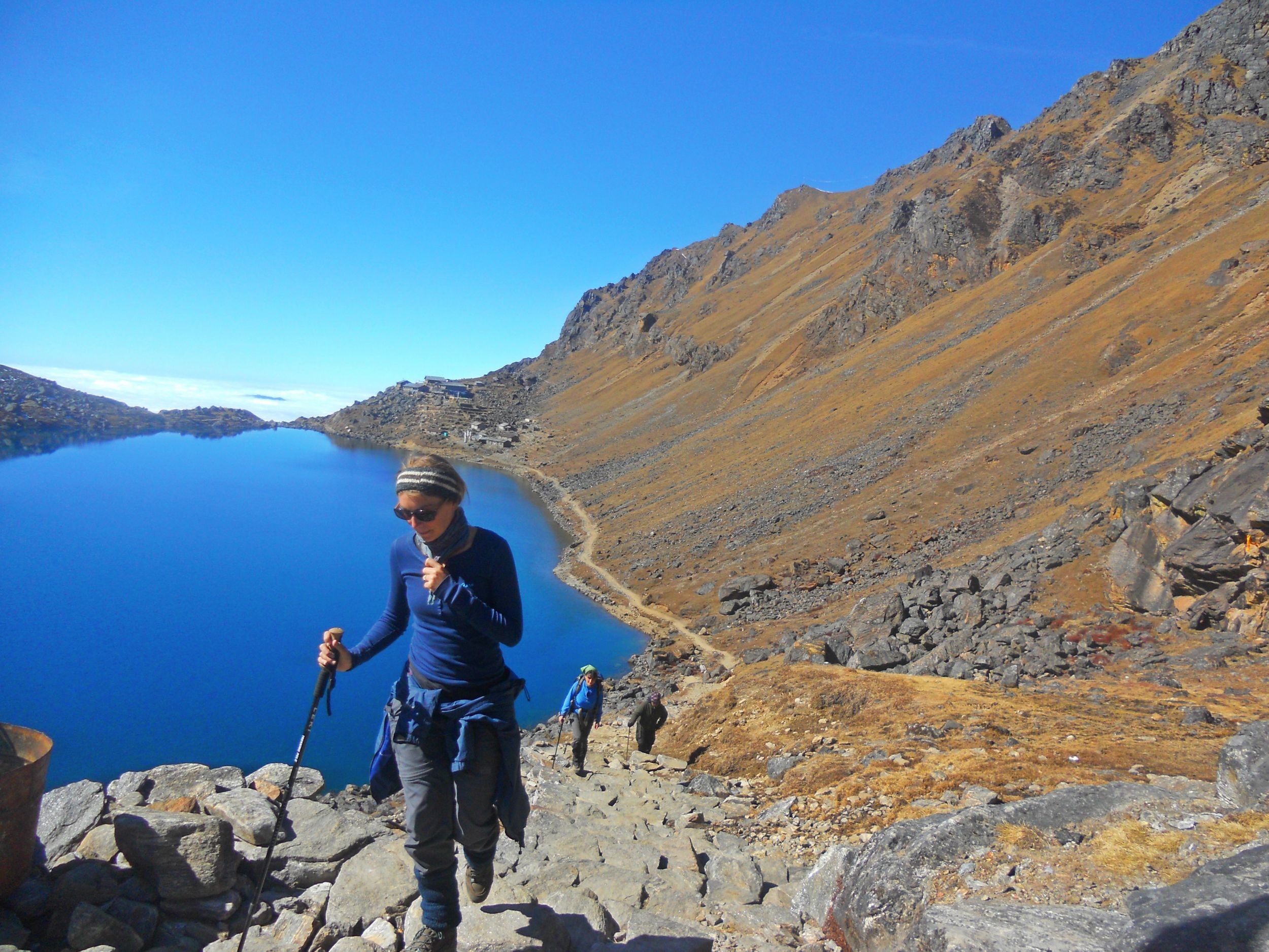 Tourists trekking along Gosaikunda Lake