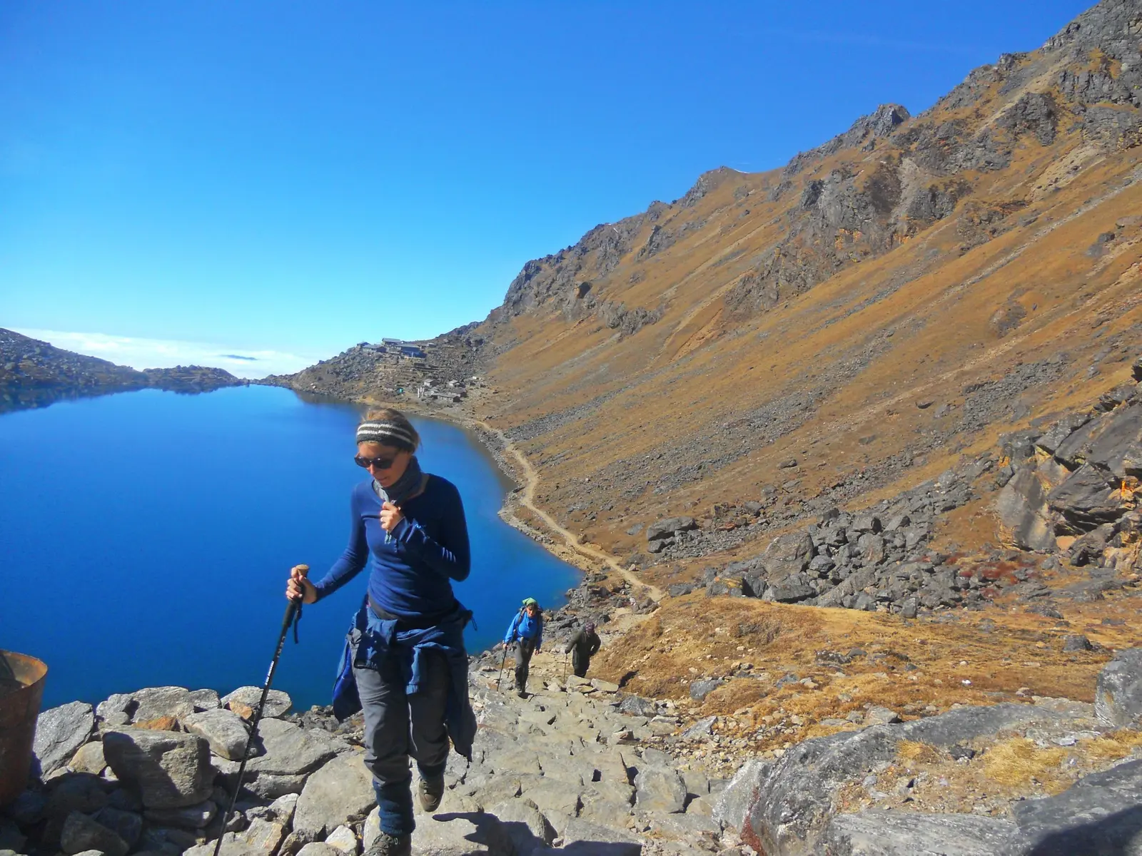 Tourists trekking along Gosaikunda Lake